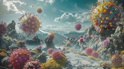 An imaginative scene where viruses act as messengers carrying genetic information across a fantastical landscape