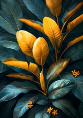  Painting  features  Vintage Boho style tropical foliage Garden dark green and gold tone color , artwork for wall art, home decor and background 