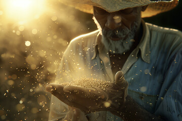 A seasoned farmer sows seeds with weathered hands, his figure backlit by the setting sun's golden glow, highlighting the dignified toil of rural life. - obrazy, fototapety, plakaty
