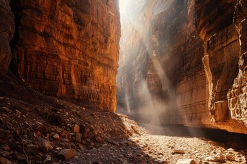 The dynamic interplay of light and shadow in a deep narrow canyon - obrazy, fototapety, plakaty