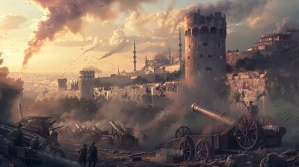 The cannons stood as sentinels on the battlefield, the castles smoke in the background - obrazy, fototapety, plakaty