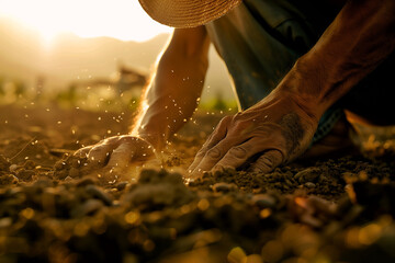 A seasoned farmer sows seeds with weathered hands, his figure backlit by the setting sun's golden glow, highlighting the dignified toil of rural life.