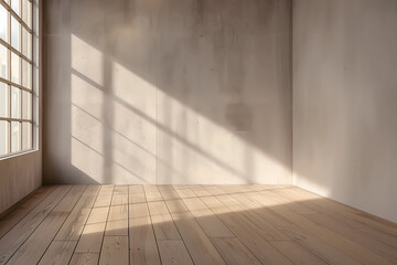 Empty room with window shadow on wall. Wooden empty room interior design, open space with beams ceiling and shadow on wall, modern contemporary architecture concept idea