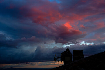 Dramatic sky and clouds, close-up on a multicolor sky at sunset