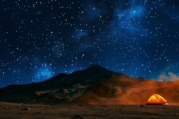 Tourist tent in the desert at night - obrazy, fototapety, plakaty