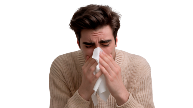 Ill or sick man with allergy, sinus infection sneezing in tissue or blowing nose during flu season on transparent or white background.
