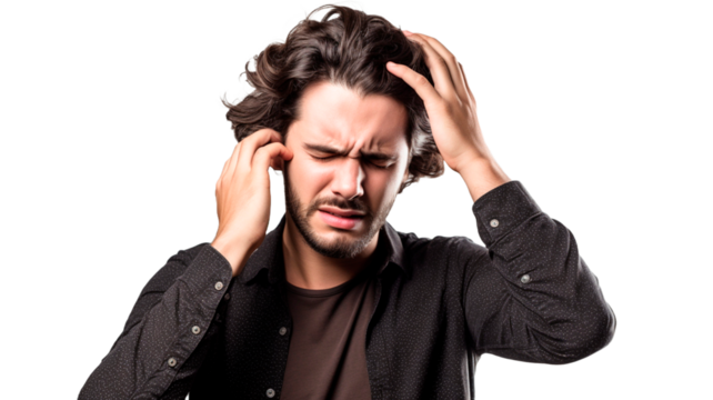 Portrait of stressed man suffering from headache desperate and stressed because pain and migraine. Hands on head on a transparent background.