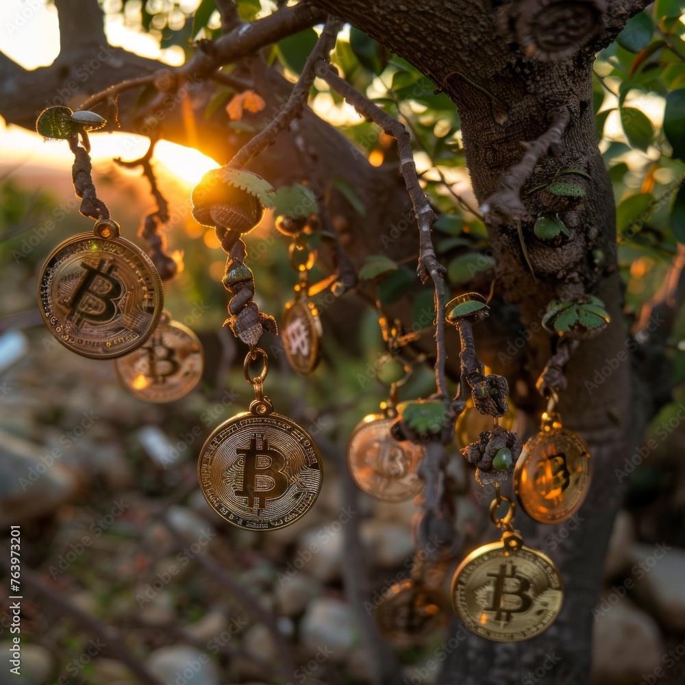 Poster bitcoins as decorative charms hang from the branches of a tree at sunset, creating a symbolic fusion