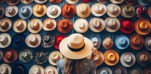 woman in hat shop. variety choice
