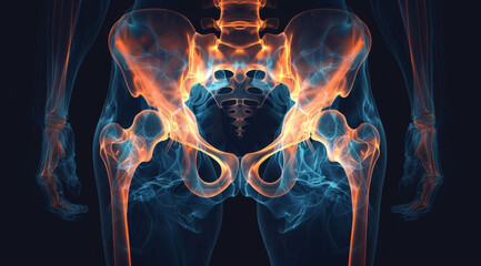 Digital representation of human pelvic bones with a blue and orange glowing effect,ai generated