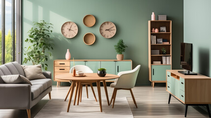Mint color chairs at round wooden dining table in room with sofa and cabinet near green wall....