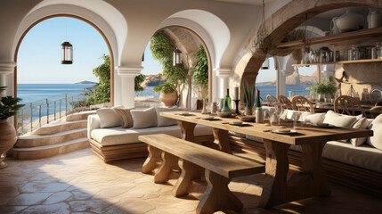 Coastal, mediterranean home interior design of modern dining room with arched ceiling Generative AI