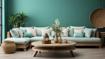 Rustic round coffee table near white sofa against turquoise wall. Scandinavian home interior design of modern living room. Generative AI - obrazy, fototapety, plakaty