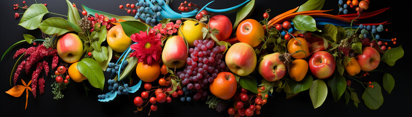 Apples, berries, bananas, melodic scenes, interactive installation, harmonizing fruit arrangement