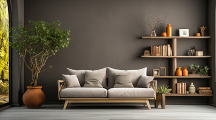 Fototapeta na wymiar White loveseat sofa against window near dark grey wall with shelving unit. Scandinavian home interior design of modern living room. Generative AI