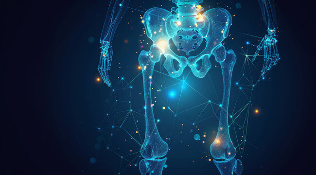 Interconnected design of human pelvic area in a blue glow highlighting anatomy with a technology theme,ai generated
