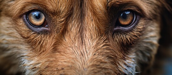 A closeup shot of a dogs eyes focused on the camera, showcasing its carnivorous nature and alert expression. The dogs fawncolored fur and whiskers frame its attentive gaze - obrazy, fototapety, plakaty