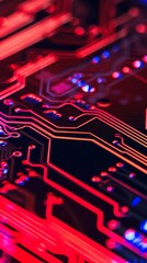 A close-up of a glowing red circuit board highlighting the intricacy and futuristic technology of electronic components.