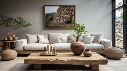 Rustic accent coffee table near sofa. Scandinavian home interior design of modern living room in farmhouse Generative AI