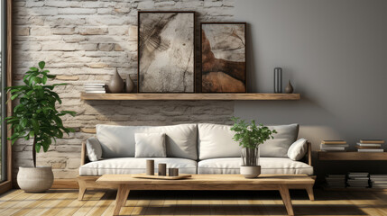 Rustic sofa and coffee table against wall with shelf and frame poster. Scandinavian home interior design of modern living room in farmhouse Generative AI