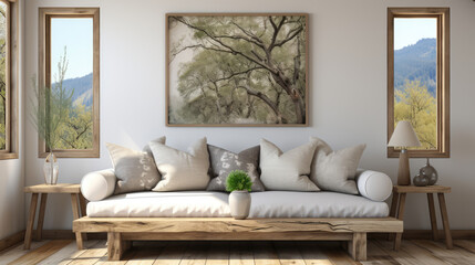 Rustic sofa with white cushions next to accent end table against beige wall with empty mock up frame with copy space. Scandinavian home interior design of modern living room in farmhouse Generative AI