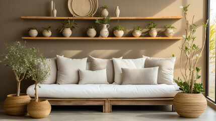 Fototapeta na wymiar Cozy sofa with white and beige cushions and wooden pots with houseplants against beige wall with shelves. Scandinavian home interior design of modern living room in farmhouse Generative AI