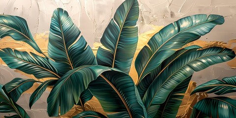Gold foiled stramp Painting  features  Vintage Boho style tropical foliage Garden dark green and gold tone color , artwork for wall art, home decor and background 