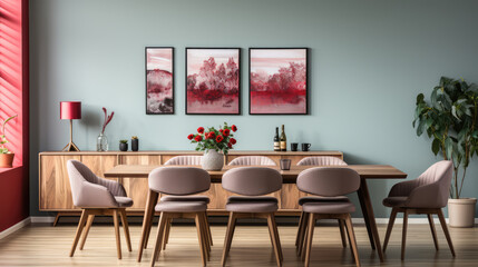 Wooden dining table and chairs against green wall with frames. Scandinavian, mid-century interior design of modern dining room Generative AI
