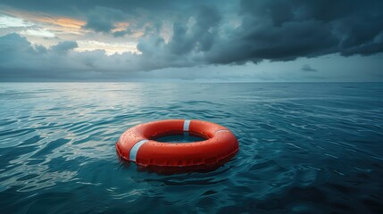 orange lifebuoy floating at sea, rescue concept. generative AI - obrazy, fototapety, plakaty