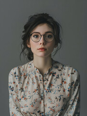 A young woman with dark wavy hair and elegant floral blouse, wearing round glasses