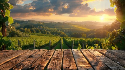 empty wooden table with a view of the Vineyard in Tuscany, Italy. Wine grapes growing on vineyards at sunset. generative AI