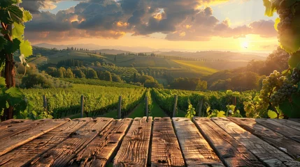 Rugzak empty wooden table with a view of the Vineyard in Tuscany, Italy. Wine grapes growing on vineyards at sunset. generative AI © matteo