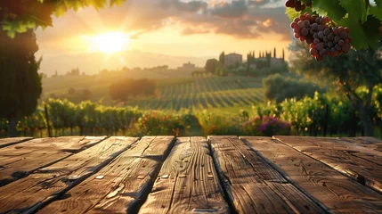 Poster empty wooden table with a view of the Vineyard in Tuscany, Italy. Wine grapes growing on vineyards at sunset. generative AI © matteo