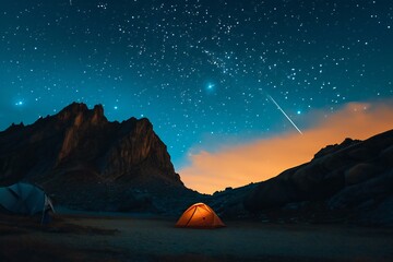 Orange tent on the background of the starry sky