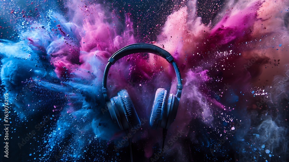 Wall mural headphones and bright colored powder. day of music. holi. spring.