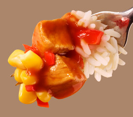 Schaschlikpfanne, Reis, Gabel, Paprika, close up,Sauce