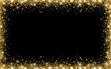 Vector shining gold background with glitter on a black background for Christmas celebration party, New Year card, wedding, bachelorette party, baby shower party, birthday, casino. Vector illustration
