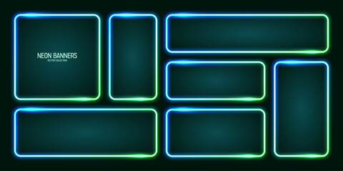 Glowing neon banners, illuminated colorful square frames. Shiny vibrant border, glow effect. Azure vintage retro lights, night illumination. Modern futuristic UI design elements. Vector illustration