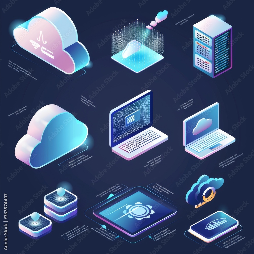 Poster futuristic concept art of cloud technology, featuring glowing elements and high-tech devices in isom