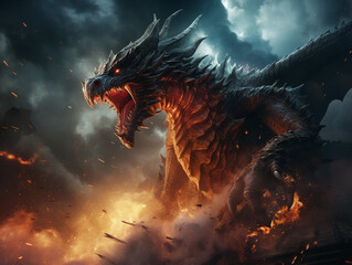 Dragon, Scales, Fiery beast, Engulfed in epic combat with a valiant warrior, amidst a raging storm, 3D render, Backlights, HDR - obrazy, fototapety, plakaty