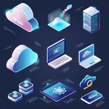 Futuristic concept art of cloud technology, featuring glowing elements and high-tech devices in isometric design, suitable for stock images in advanced tech themes