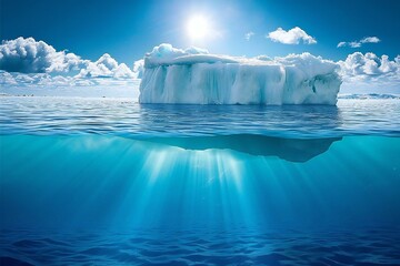 Iceberg in the ocean with sun rays and blue sky background - obrazy, fototapety, plakaty