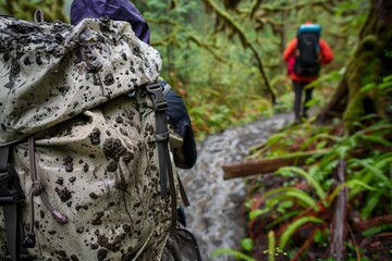 hikers backpack covered in mud spots on a rainy trail