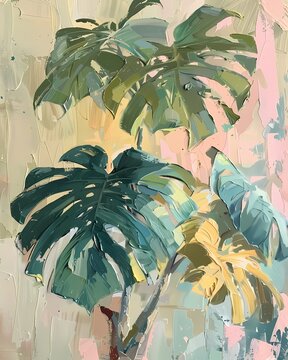 Strong brush stroke oil Painting  features  Vintage Boho style Monstera tropical foliage Garden soft pink neutral tone color , artwork for wall art, home decor and background 