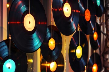 multiple neon records hanging as decorative room lights