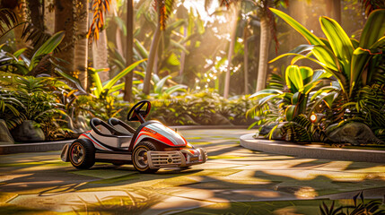 Electric golf kart in the middle of tropical park. - obrazy, fototapety, plakaty