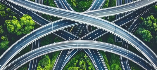Aerial view of complex multilevel highway junction interchange on expressway road network