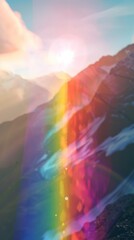 Rainbow Prism Light in the Sky Shining Down Alps Background created with Generative AI Technology