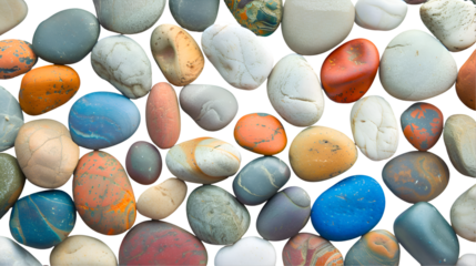  A collection of colorful pebbles scattered across a transparent background