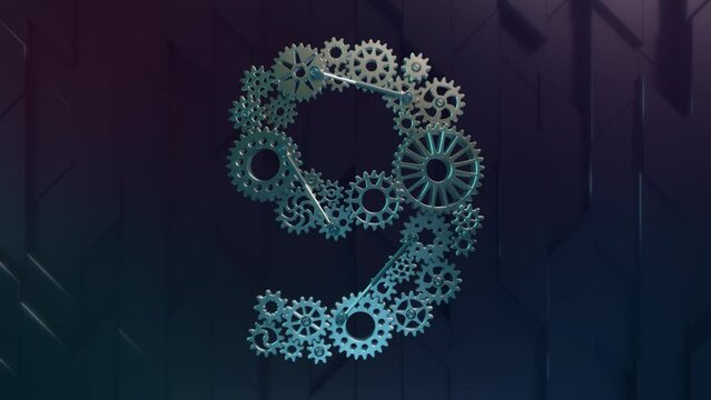 Digit 9 made of industrial metallic and slightly rusted cogwheels of various design and size are driven by hydraulic pistons. 4K Animation on Alpha. 1 of 10 digits of the same design.